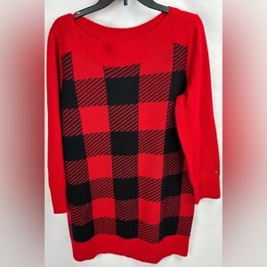 Tommy Hilfiger Red Plaid Long Sleeve Sweater Tunic Holiday Knit Dress Large